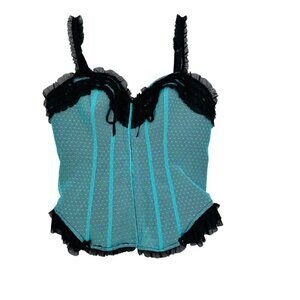 Cacique Mesh Ruffle Bustier Corset Aqua/Black Tie Back Women's Size 14/16